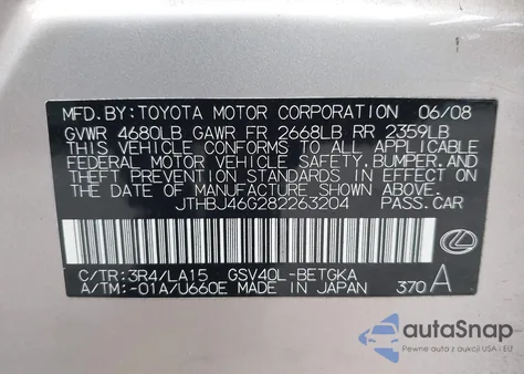 2008 Lexus Es 350 350 из США, поврежденный, VIN JTHBJ46G282263204